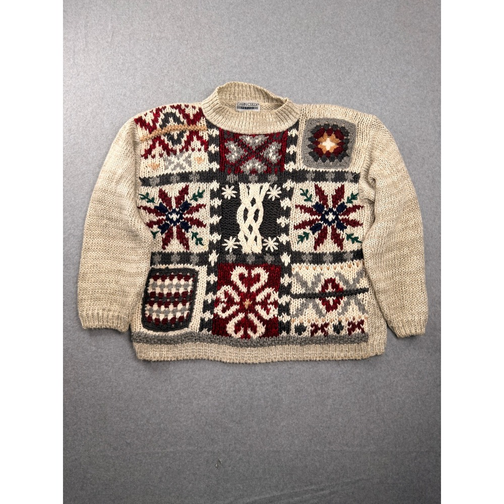 Cabin Creek Petite Vintage Patchwork Chunky Knit Sweater Large P Mock Neck Cream